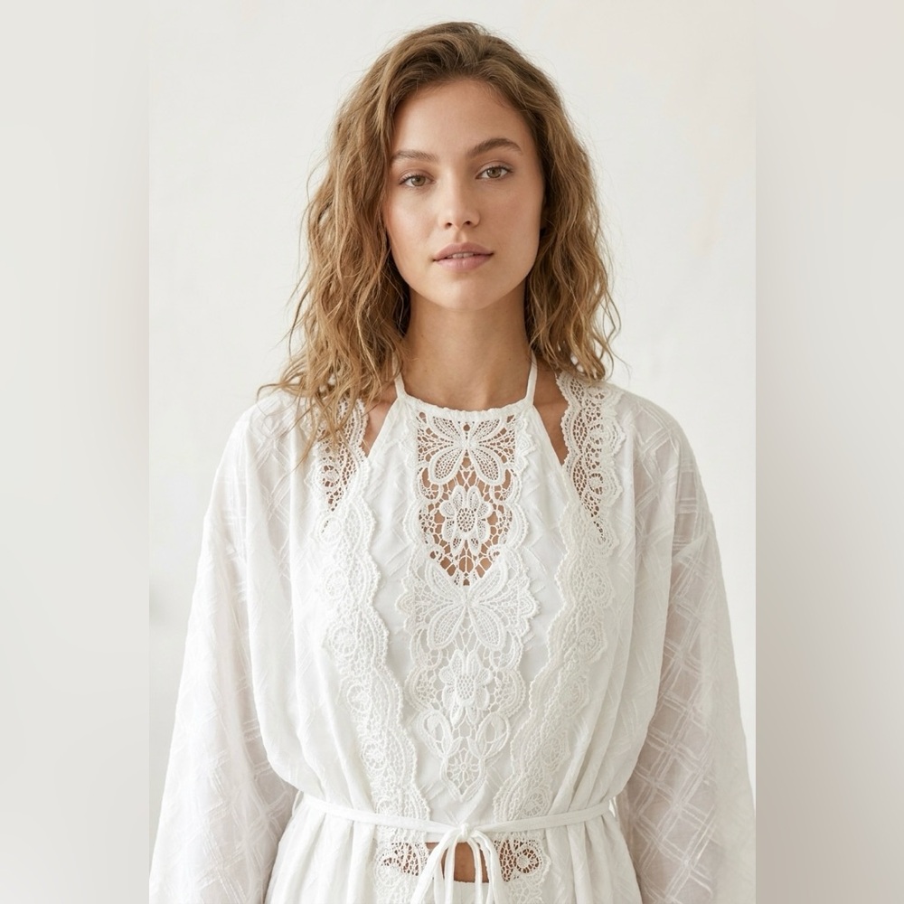 In Bloom by Jonquil White Boho Embroidered Lace Halter Slip & Kimono Robe Set